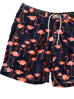 TRUNKS SURF & SWIM FLAMINGO PRINT NAVY BLUE PINK LINED SHORTS MENS SIZE XL